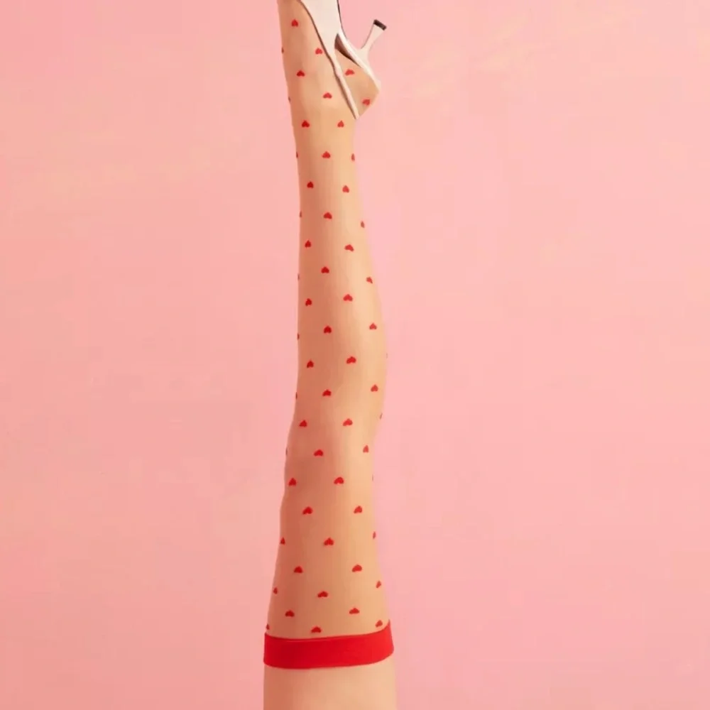 Polka dot red heart thigh high garter pantyhose stockings burlesque lingerie new